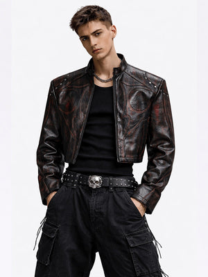 Cropped Studded Faux Leather Racer Jacket – Black-Red, on model, front | XoKool