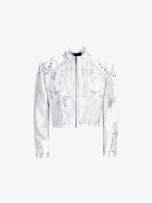 Cropped Studded Faux Leather Racer Jacket – White, front view | XoKool