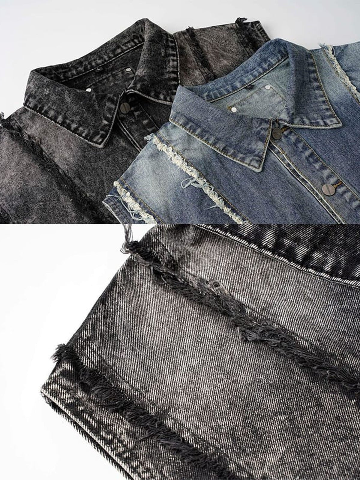 Jeansweste im Washed-Look – Schwarz und Blau, Kragen und Fransennaht im Detail | XoKool