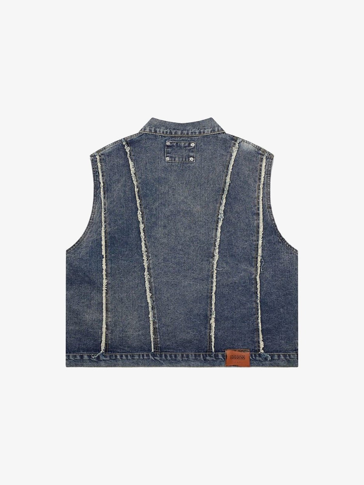 Cropped Jeansweste im Washed-Look mit Fransennähten – Blau, Rückansicht | XoKool