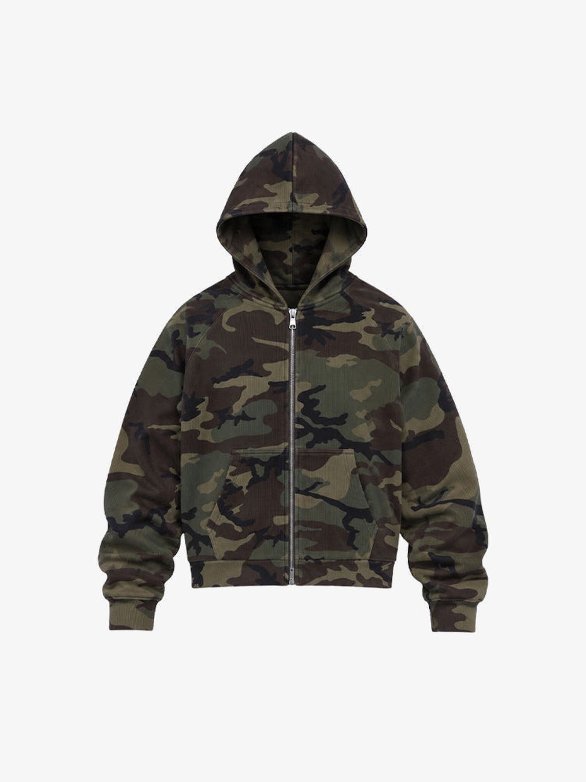 Cropped Zip Hoodie in Woodland Camo – Camo, Vorderseite flach | XoKool