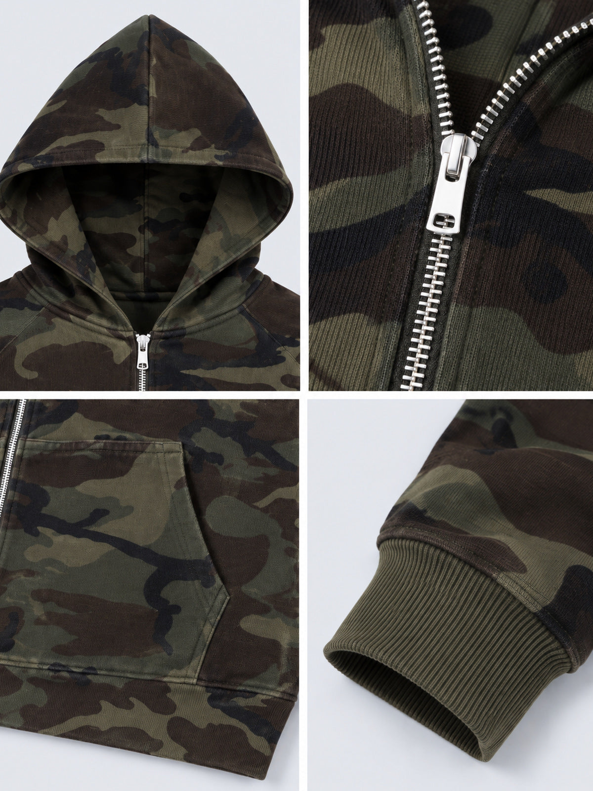 Camo Zip Hoodie – Detail-Collage: Kapuze, Reißverschluss, Tasche, Rippbündchen | XoKool