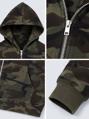 Camo Zip Hoodie – Detail-Collage: Kapuze, Reißverschluss, Tasche, Rippbündchen | XoKool