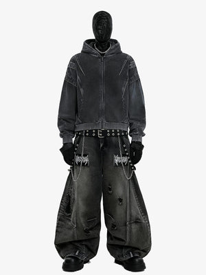 Cropped Zip Hoodie und Baggy Distressed Jeans im Set – am Model, Vorderansicht, komplettes Set | XoKool