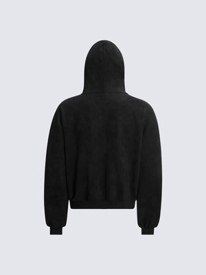 Cropped Zip Hoodie mit Gothic-Stickerei am Ärmel – Schwarz, hinten flach | XoKool