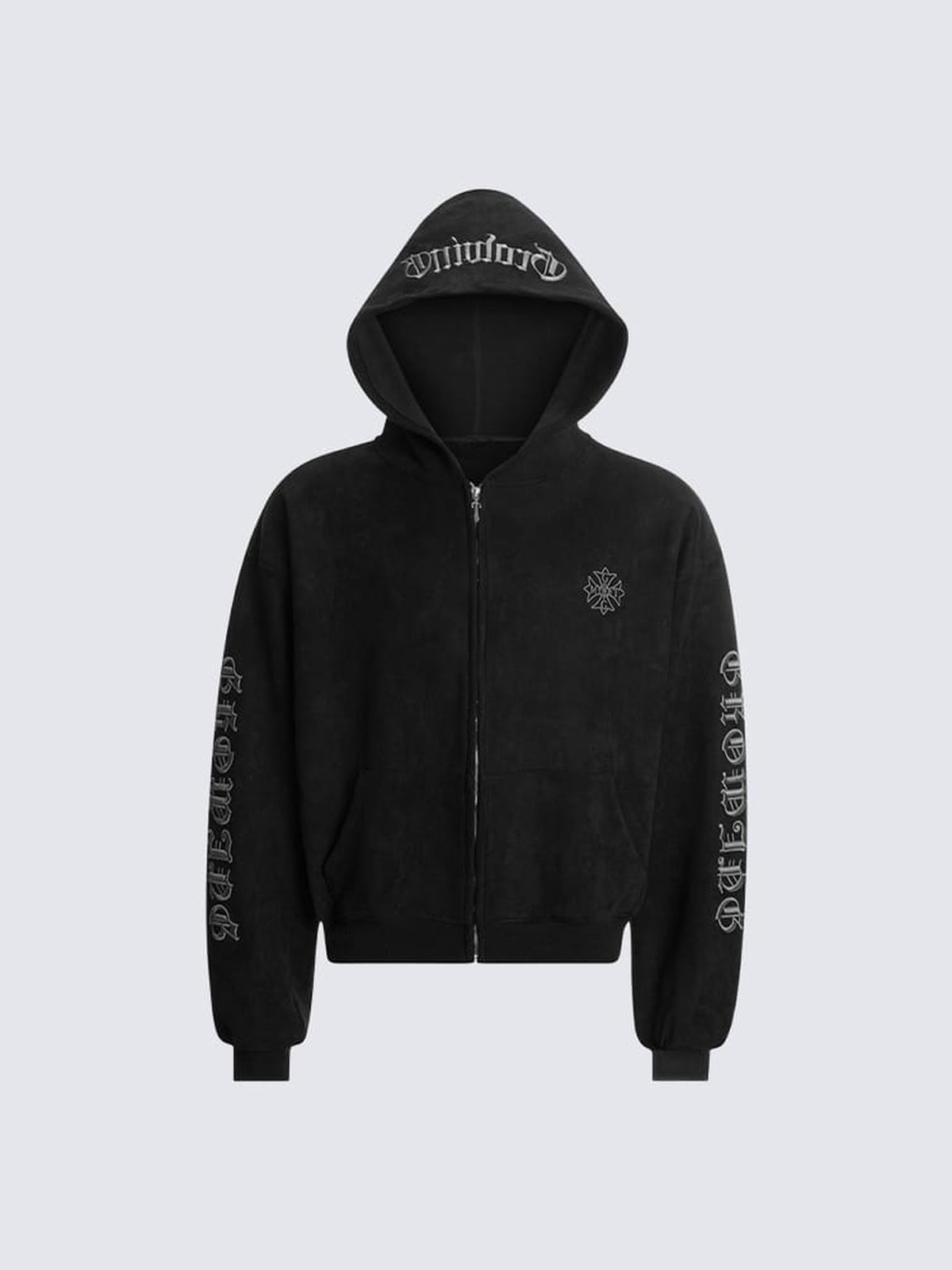 Cropped Zip Hoodie mit Gothic-Stickerei am Ärmel – Schwarz, vorne flach | XoKool