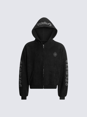 Cropped Zip Hoodie mit Gothic-Stickerei am Ärmel – Schwarz, vorne flach | XoKool
