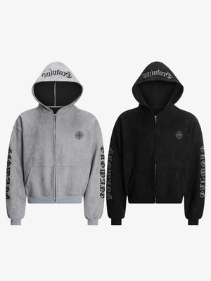 Zip Hoodie mit Gothic-Stickerei – Grau und Schwarz, vorne flach | XoKool