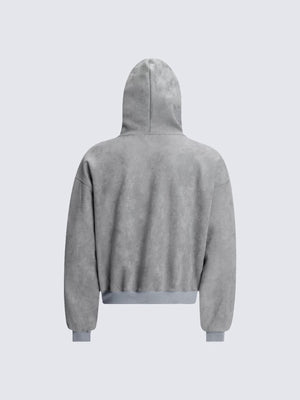 Cropped Zip Hoodie mit Gothic-Stickerei am Ärmel – Grau, hinten flach | XoKool