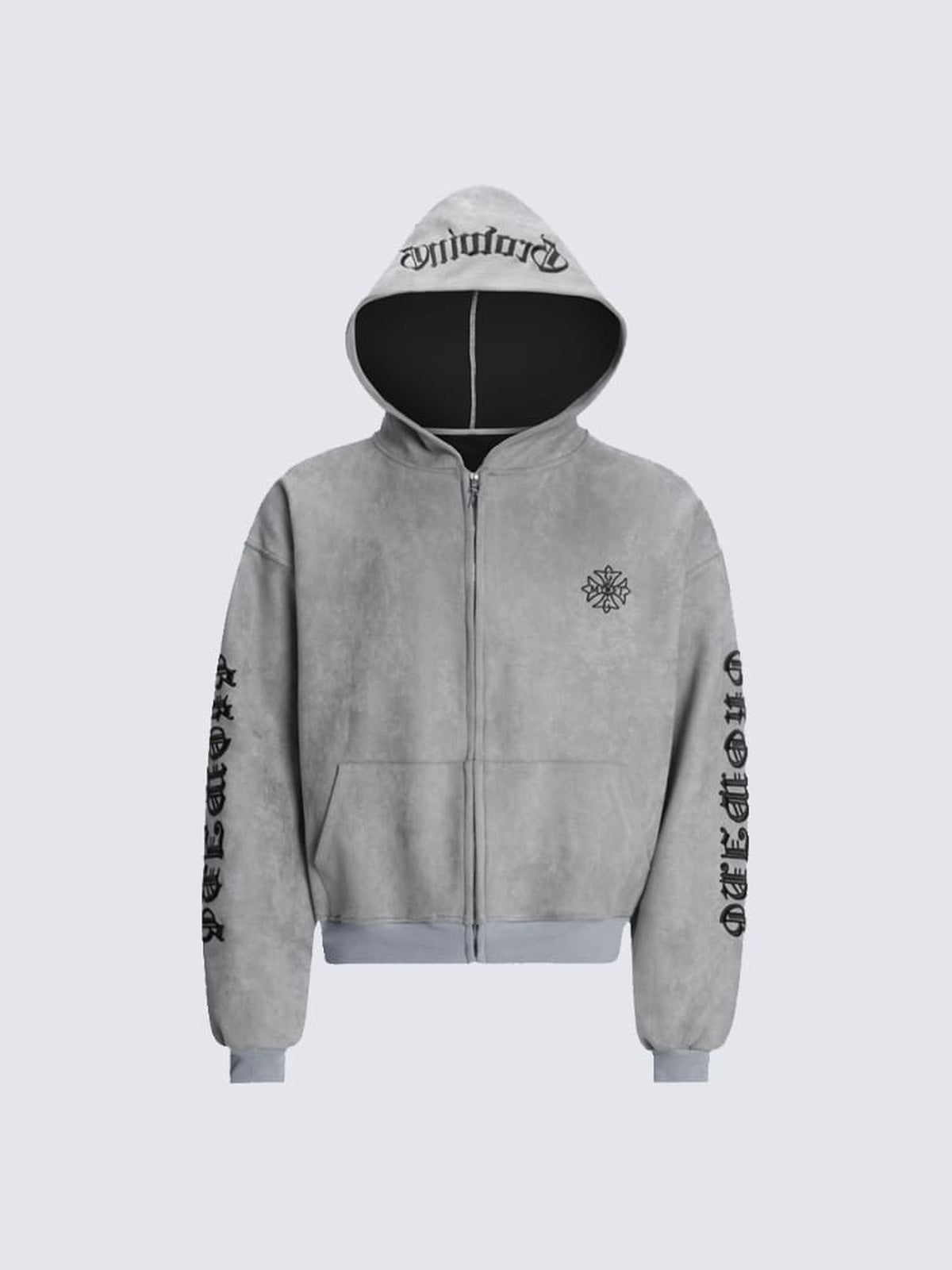 Cropped Zip Hoodie mit Gothic-Stickerei am Ärmel – Grau, vorne flach | XoKool