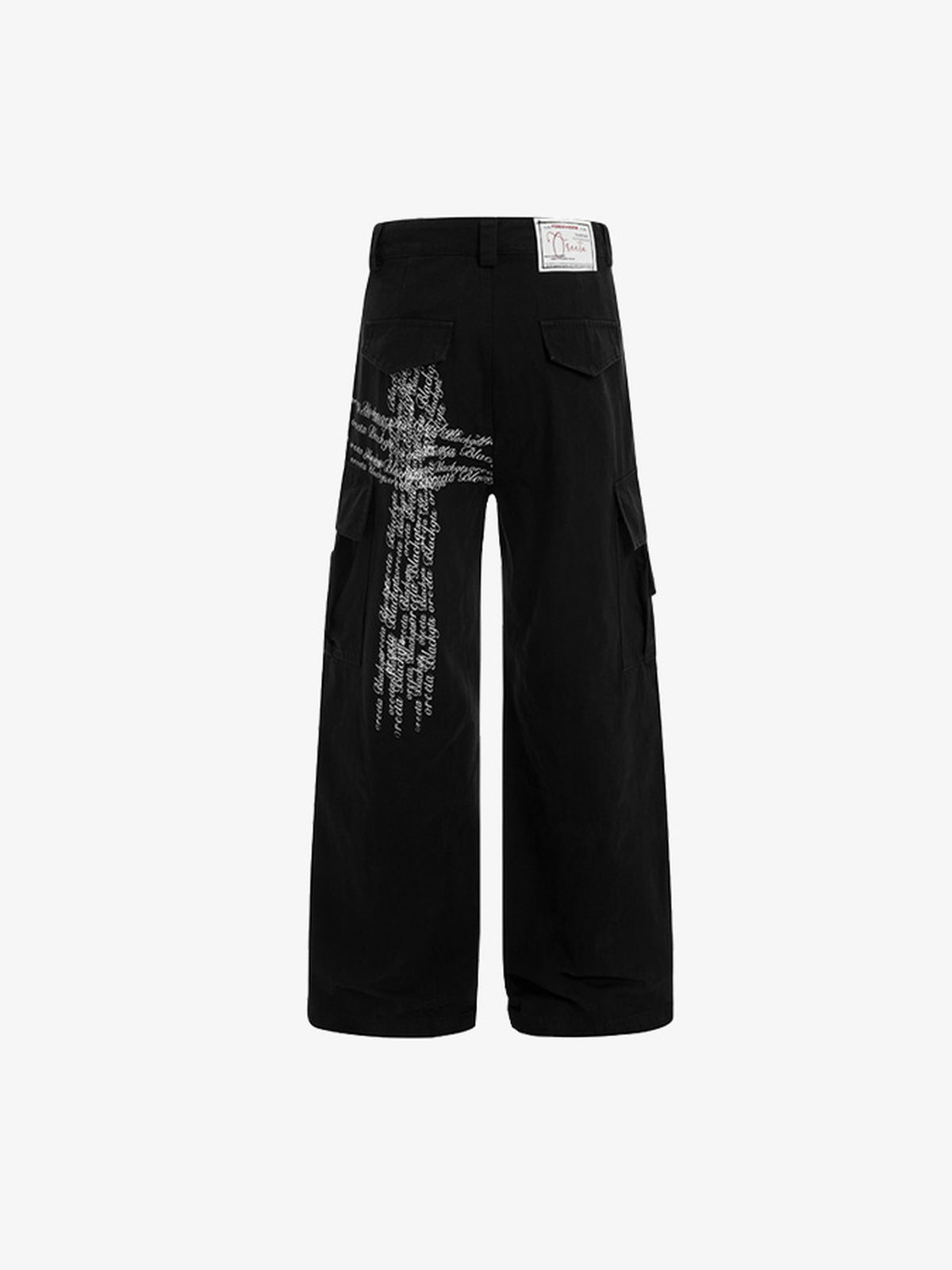 Cross Script Print Wide Leg Cargo Pants – Black, back flat | XoKool