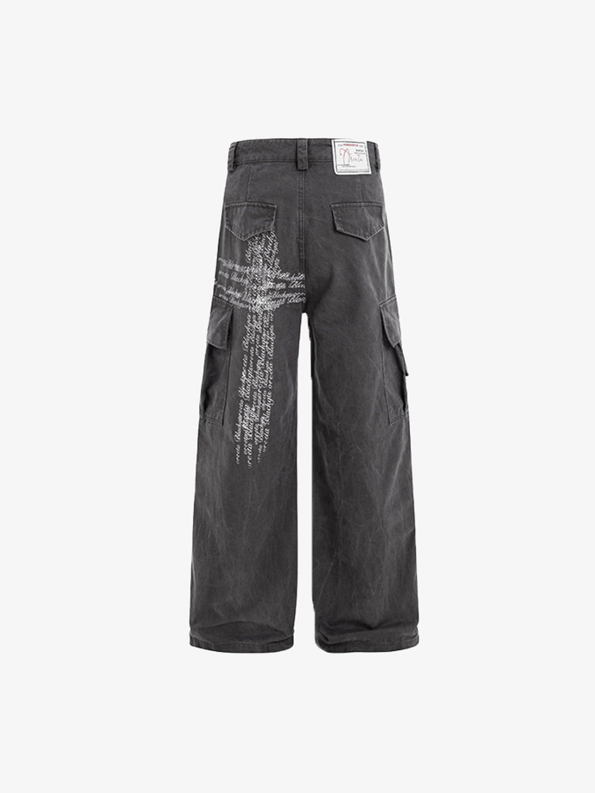 Cross Script Print Wide Leg Cargo Pants – Grey, back flat | XoKool
