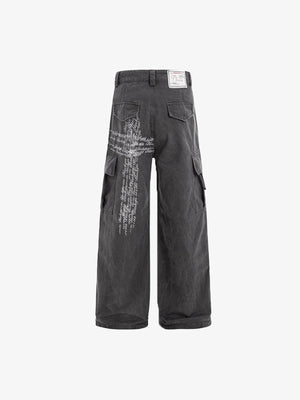 Cross Script Print Wide Leg Cargo Pants – Grey, back flat | XoKool