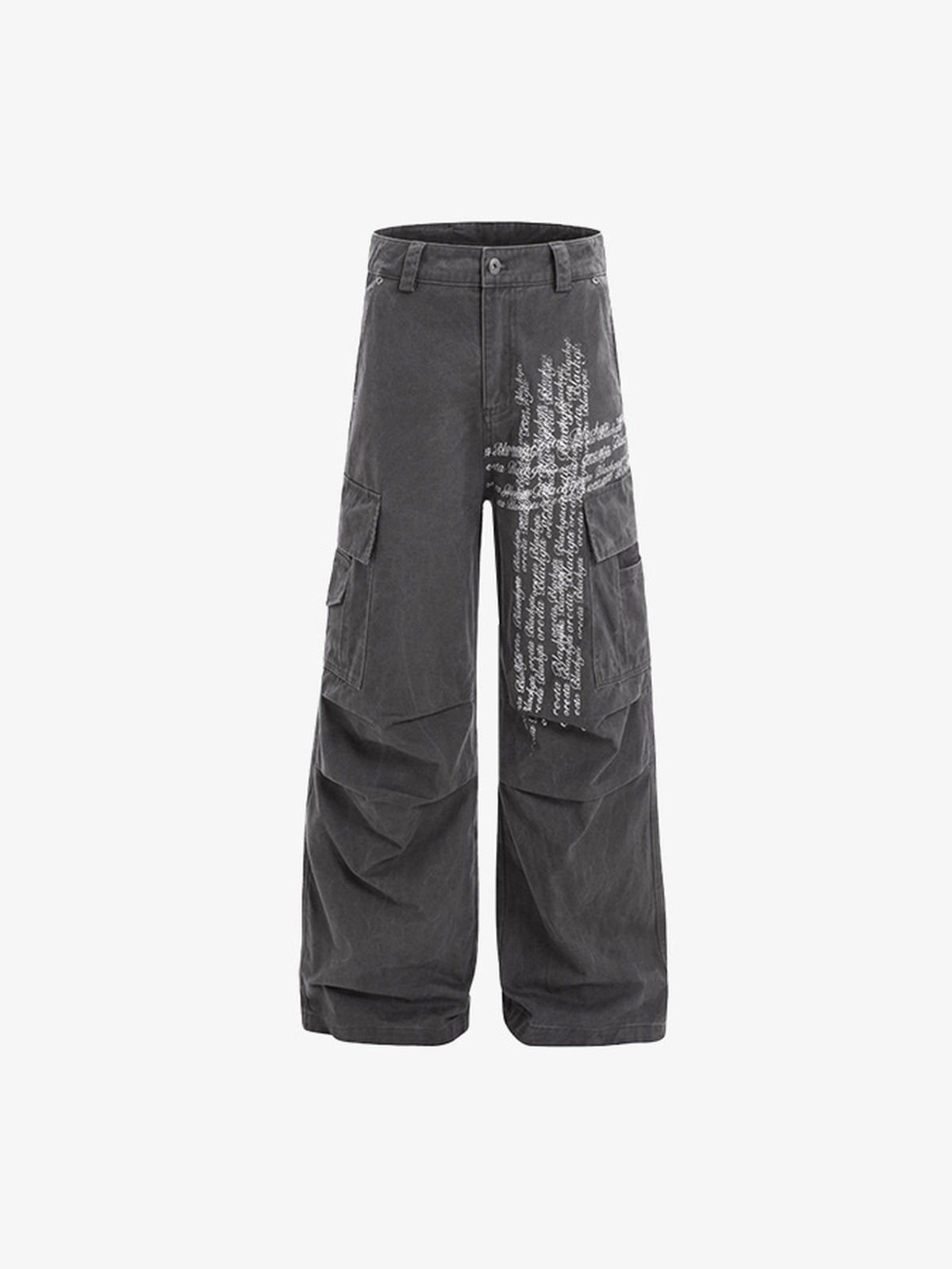 Wide Leg Cargohose mit Cross-Script-Print – Grau, Vorderansicht flach | XoKool