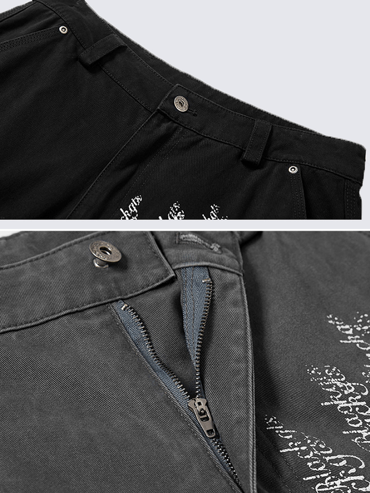 Cross print cargo pants – Waistband and zip fly close-up | XoKool