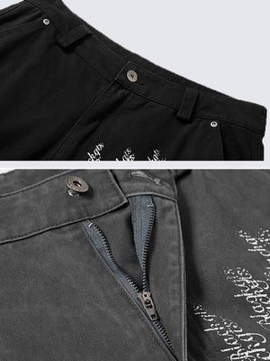 Cross print cargo pants – Waistband and zip fly close-up | XoKool
