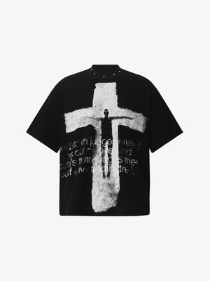 Cross T Shirt with Studded Neckline – Black, front | XoKool