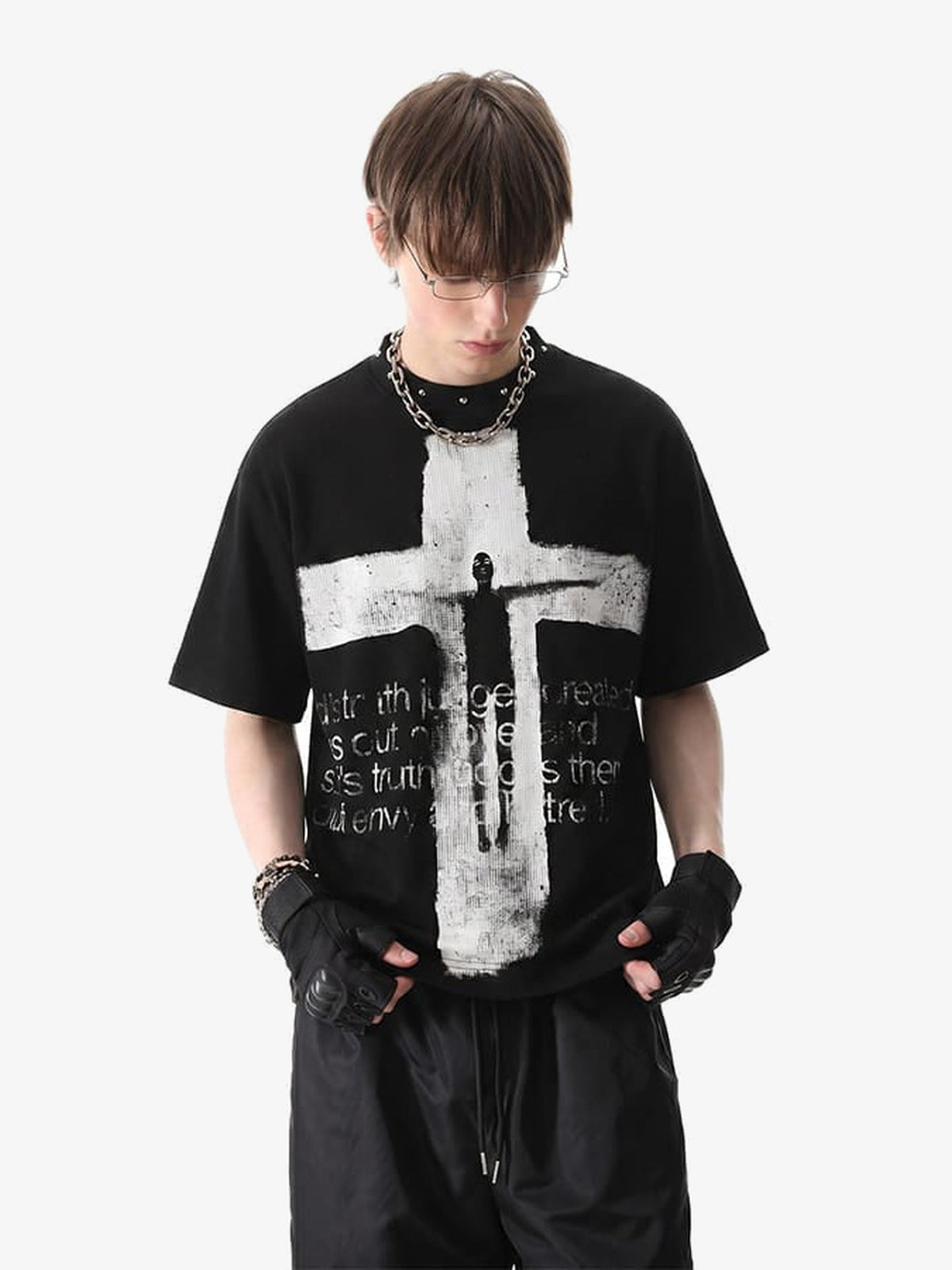 Cross T Shirt with Studded Neckline – Black, on model front | XoKool