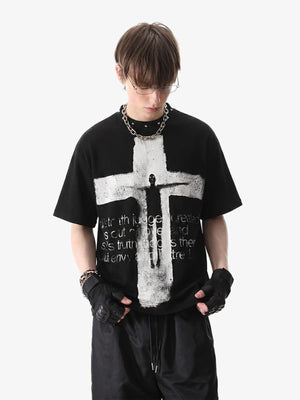 Cross T Shirt with Studded Neckline – Black, on model front | XoKool