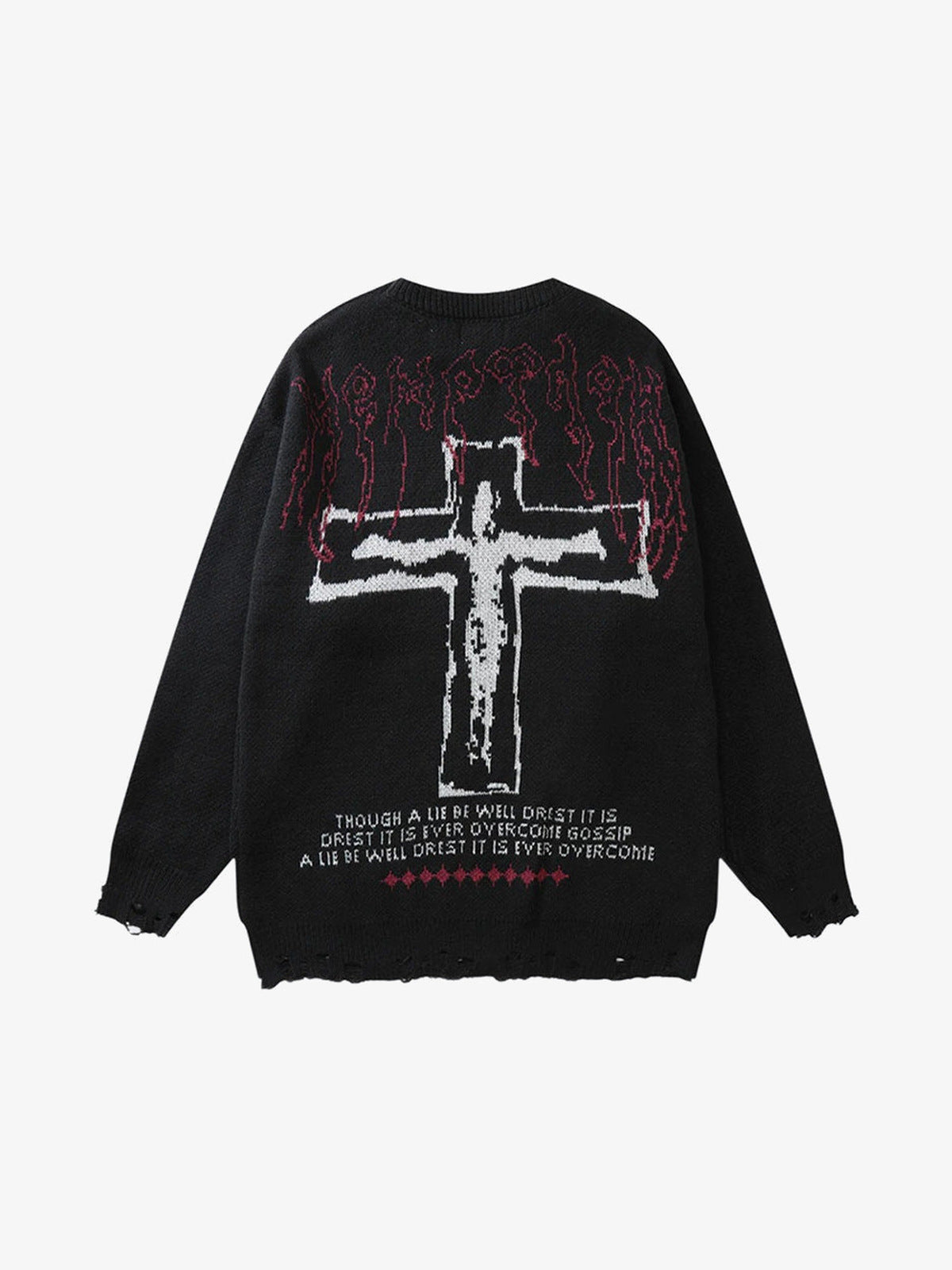 Oversized Pullover mit Kruzifix-Grafik und ausgefranstem Saum – Schwarz, Seite mit Kruzifix-Grafik | XoKool
