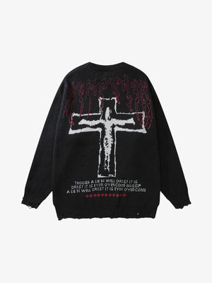 Suéter oversize con crucifijo gráfico y bajo deshilachado – Negro, lado con el crucifijo | XoKool
