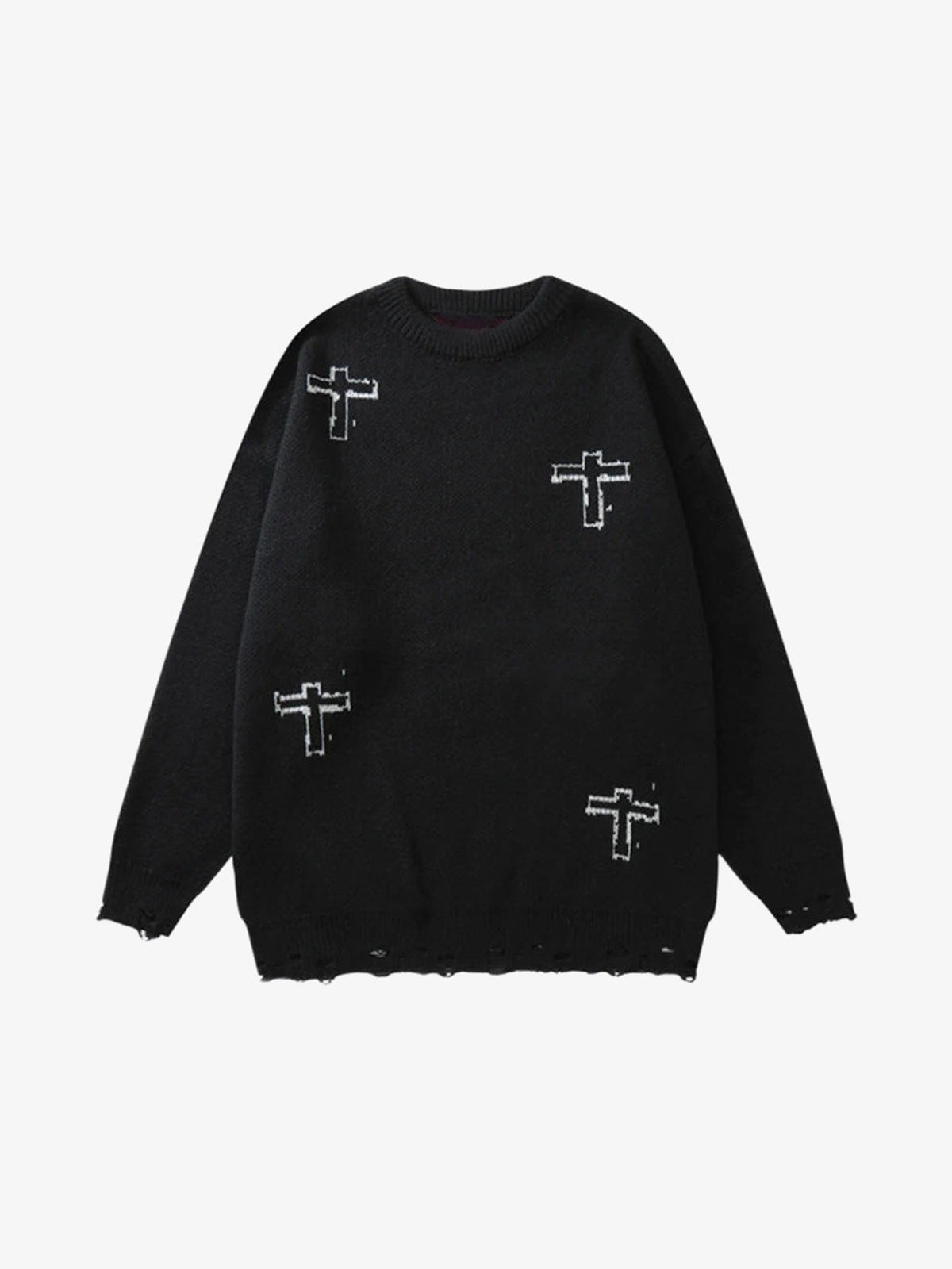 Oversized Pullover mit Kruzifix-Grafik und ausgefranstem Saum – Schwarz, Seite mit kleinen Kreuzen | XoKool