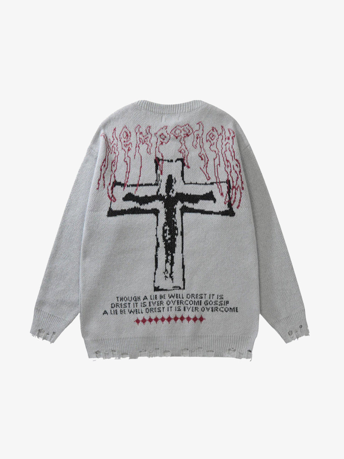 Suéter oversize con crucifijo gráfico y bajo deshilachado – Gris claro, lado con el crucifijo | XoKool