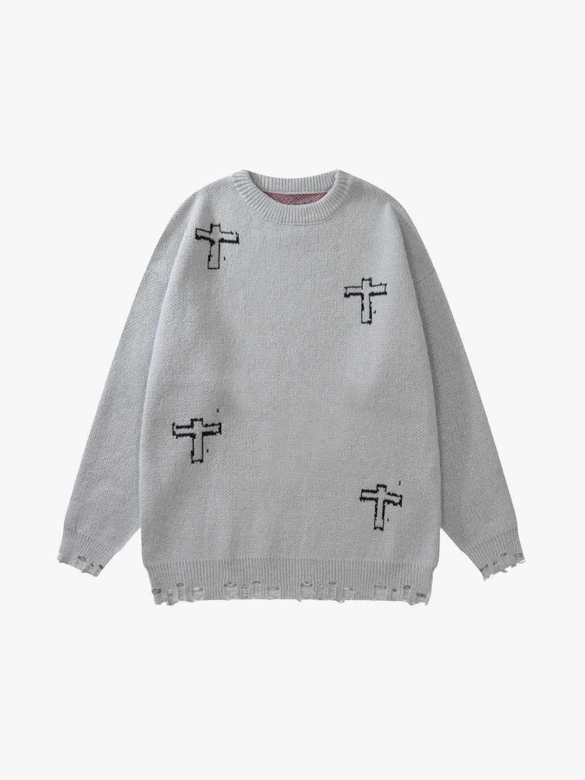 Suéter oversize con crucifijo gráfico y bajo deshilachado – Gris claro, lado con cruces pequeñas | XoKool