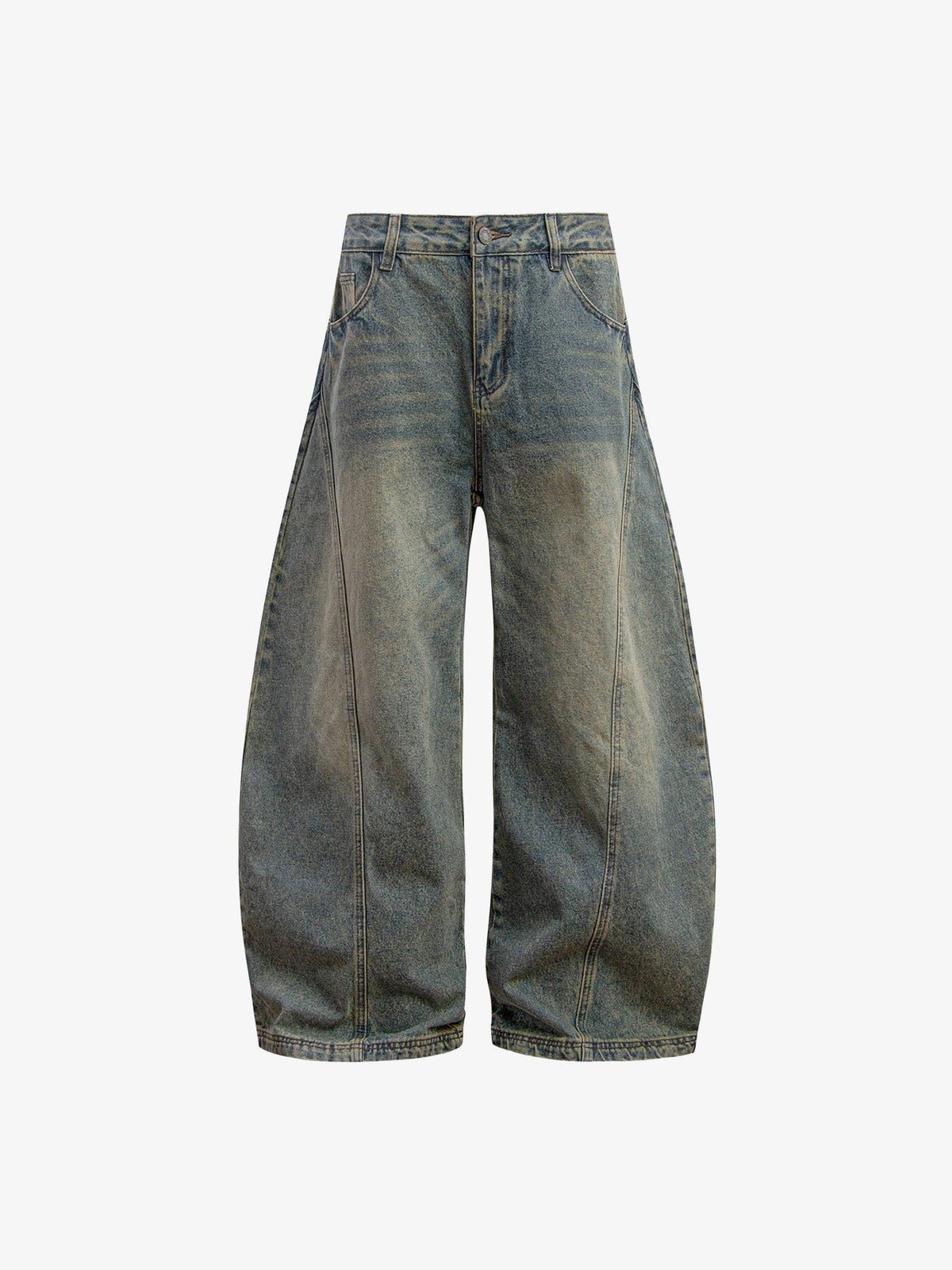 Curved Barrel Jeans in Vintage Mittelblau – Vorderseite, flach | XoKool