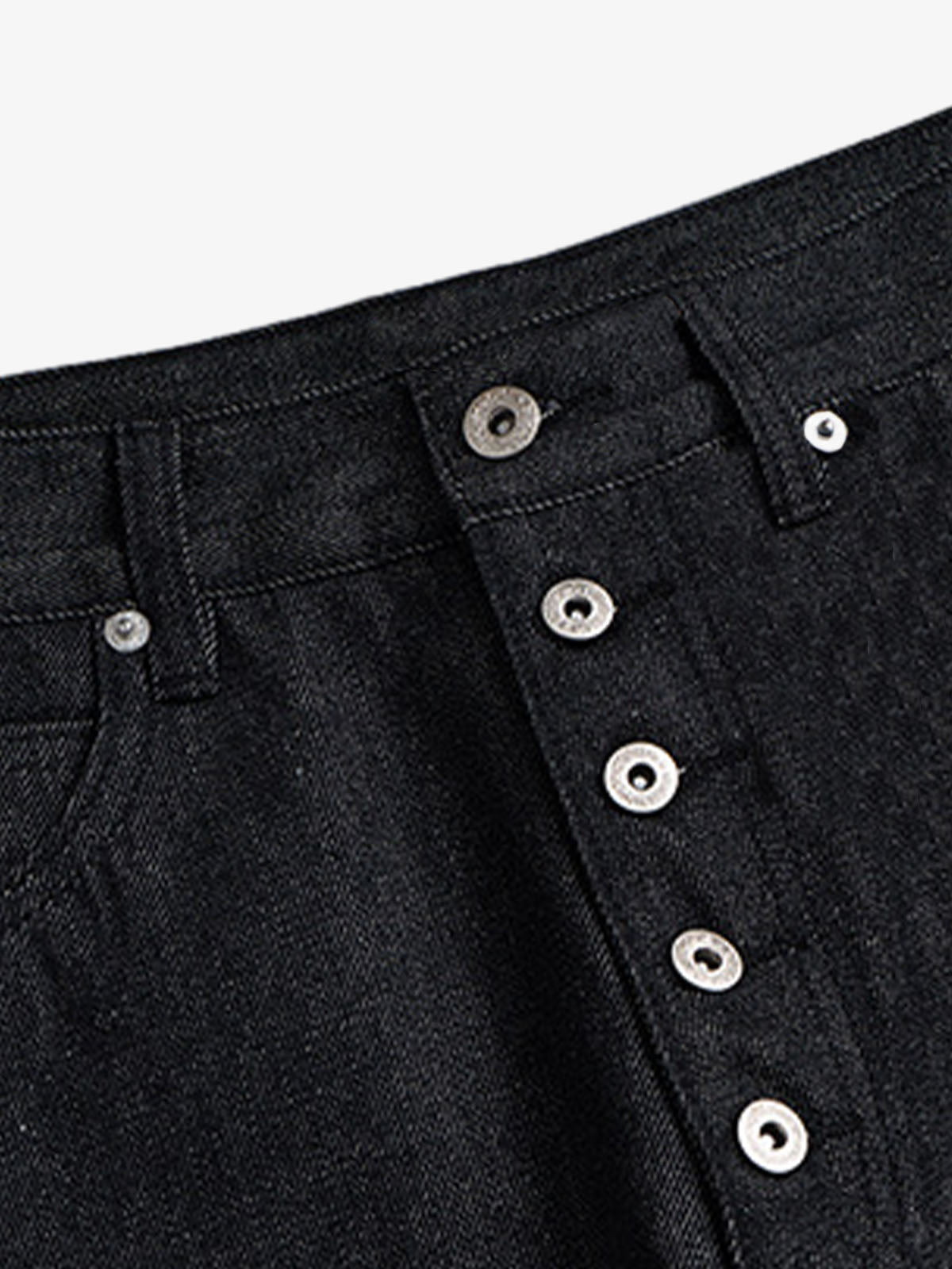 Raw Denim Baggy Jeans with Button Fly – Button fly close-up | XoKool