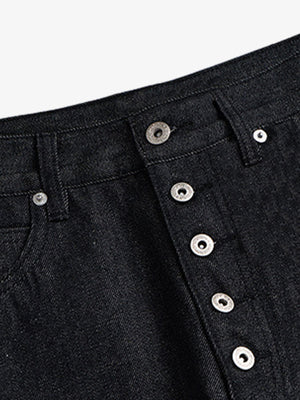 Raw Denim Baggy Jeans with Button Fly – Button fly close-up | XoKool