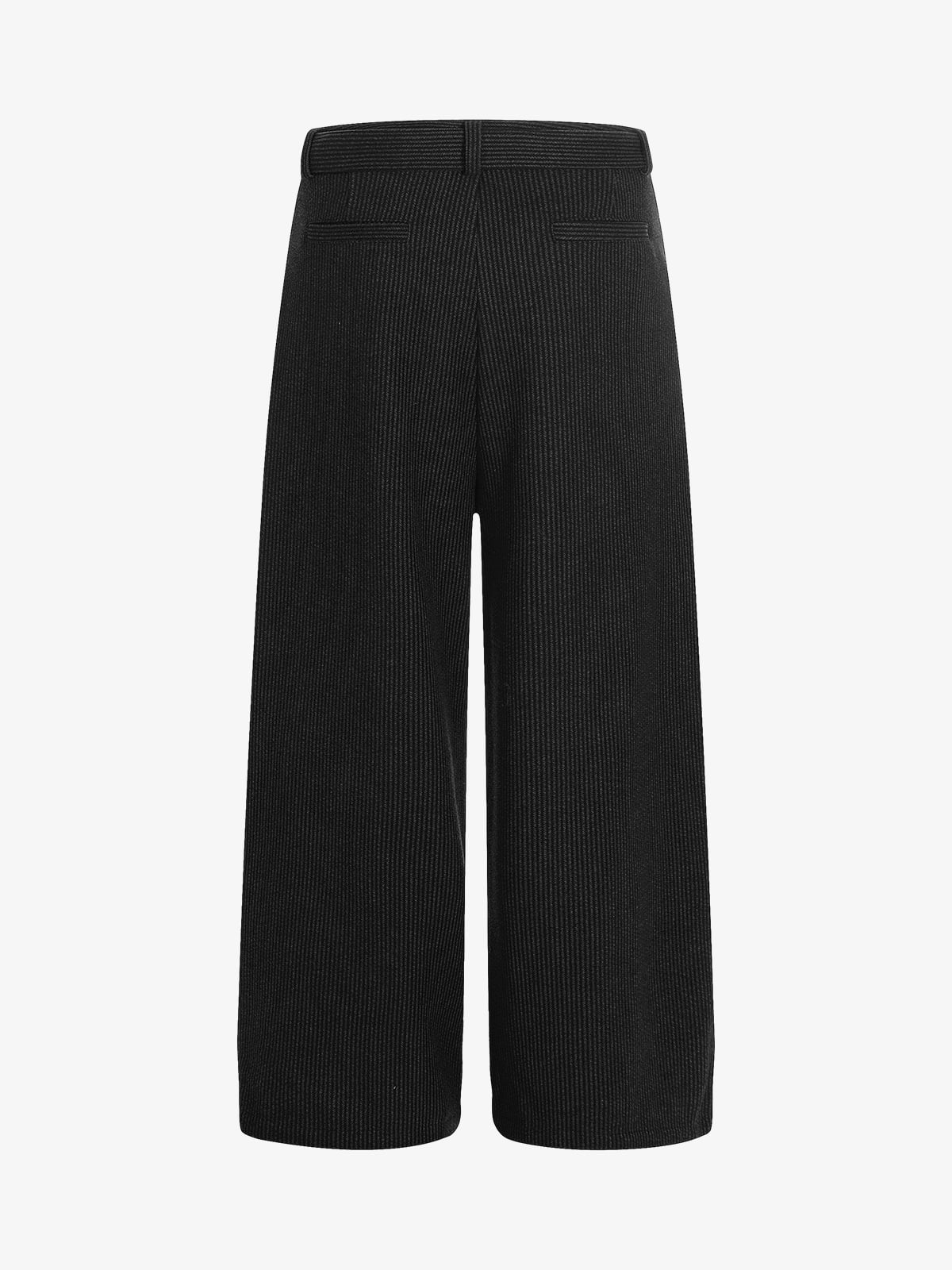 Pantalones plisados de canalé fino con cinturón para atar – negro, vista trasera plana | XoKool