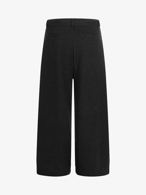 Pantalones plisados de canalé fino con cinturón para atar – negro, vista trasera plana | XoKool