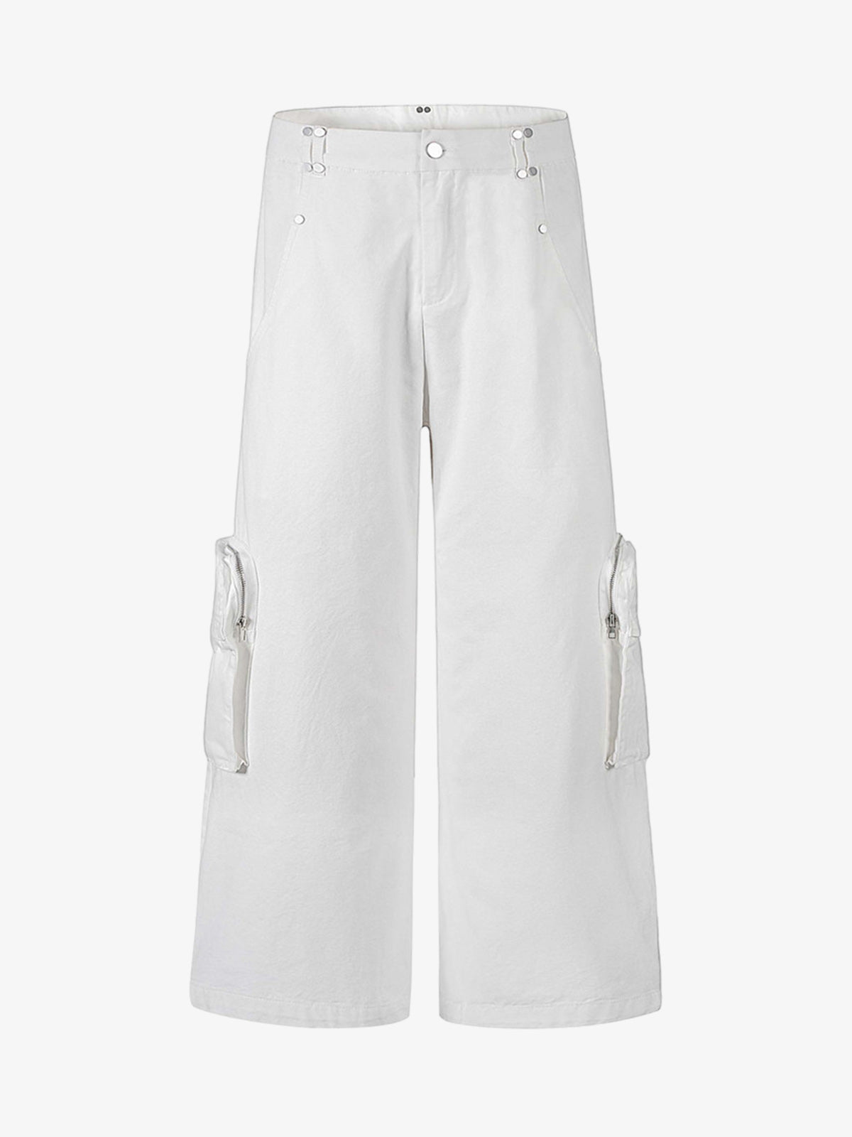 Street Metal Stud Zipper Multi-Pocket Workwear Casual Pants - White