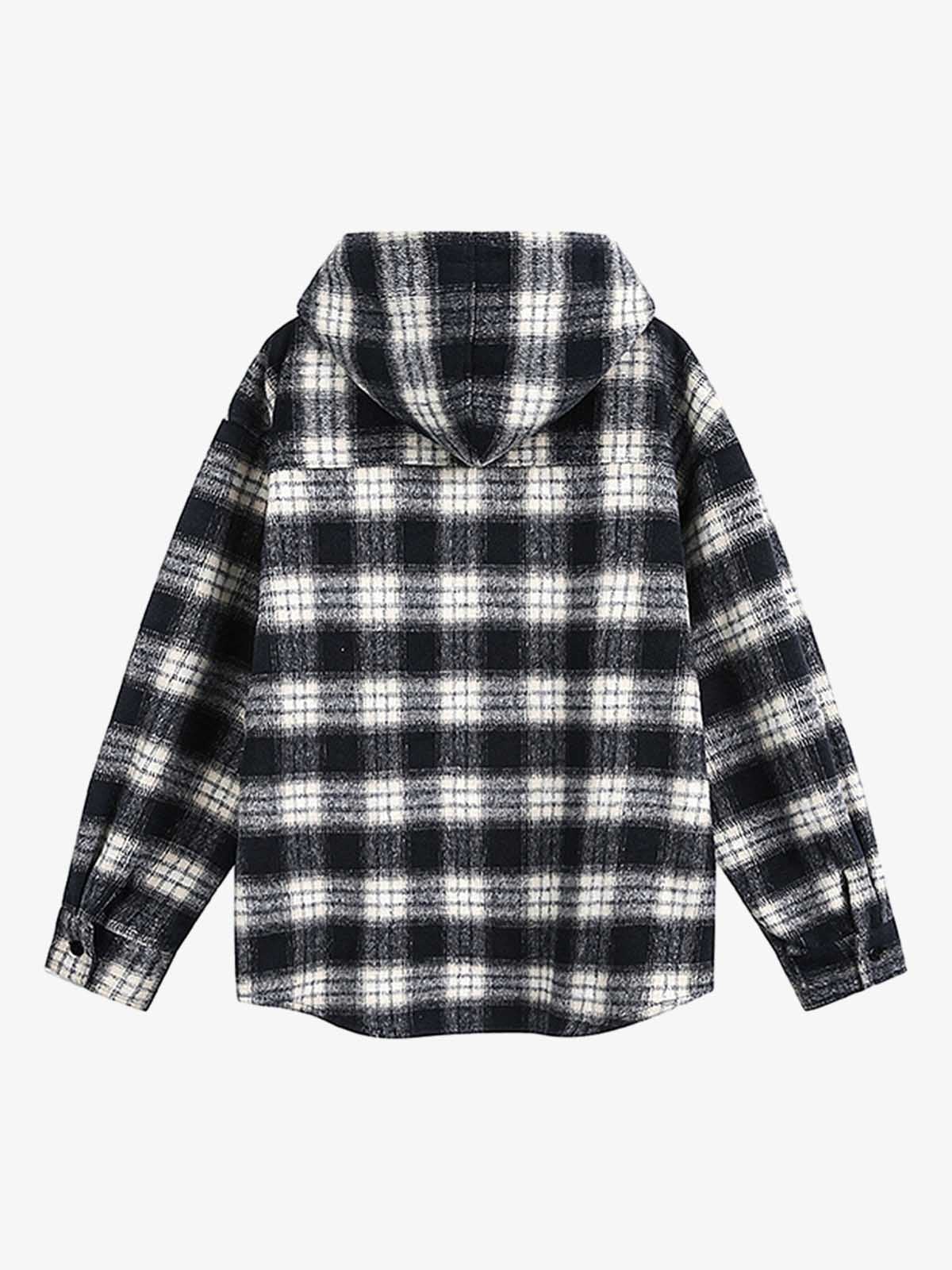 Vintage Black And White Plaid Angel Embroidered Hooded Shirt