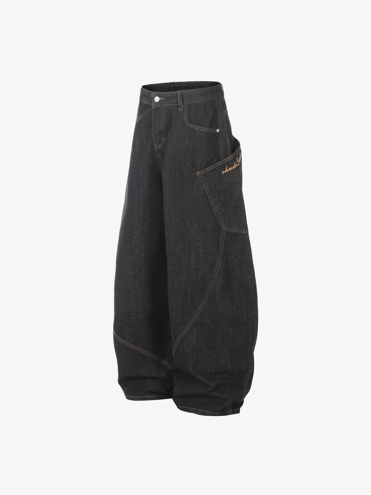 Dark Indigo Barrel Jeans with Orange Stitching – side flat | XoKool