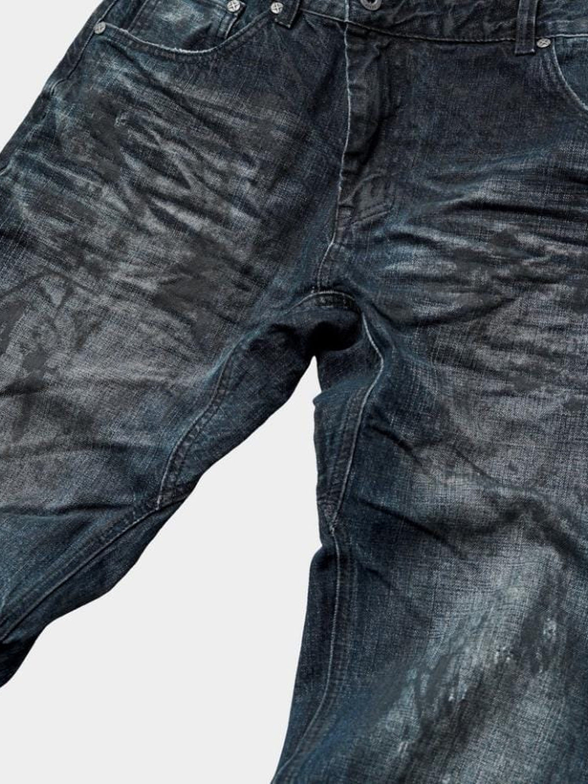 Dark Indigo Dirty Wash Wide Leg Jeans – front crotch wash close-up | XoKool