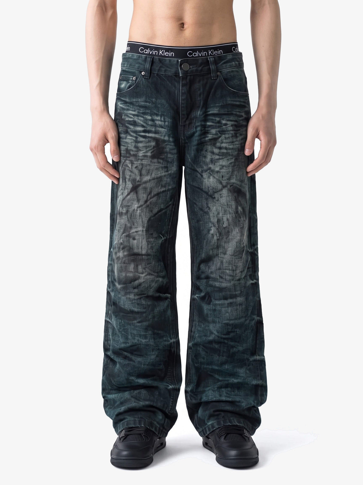 Dark Indigo Dirty Wash Wide Leg Jeans – on model, front | XoKool