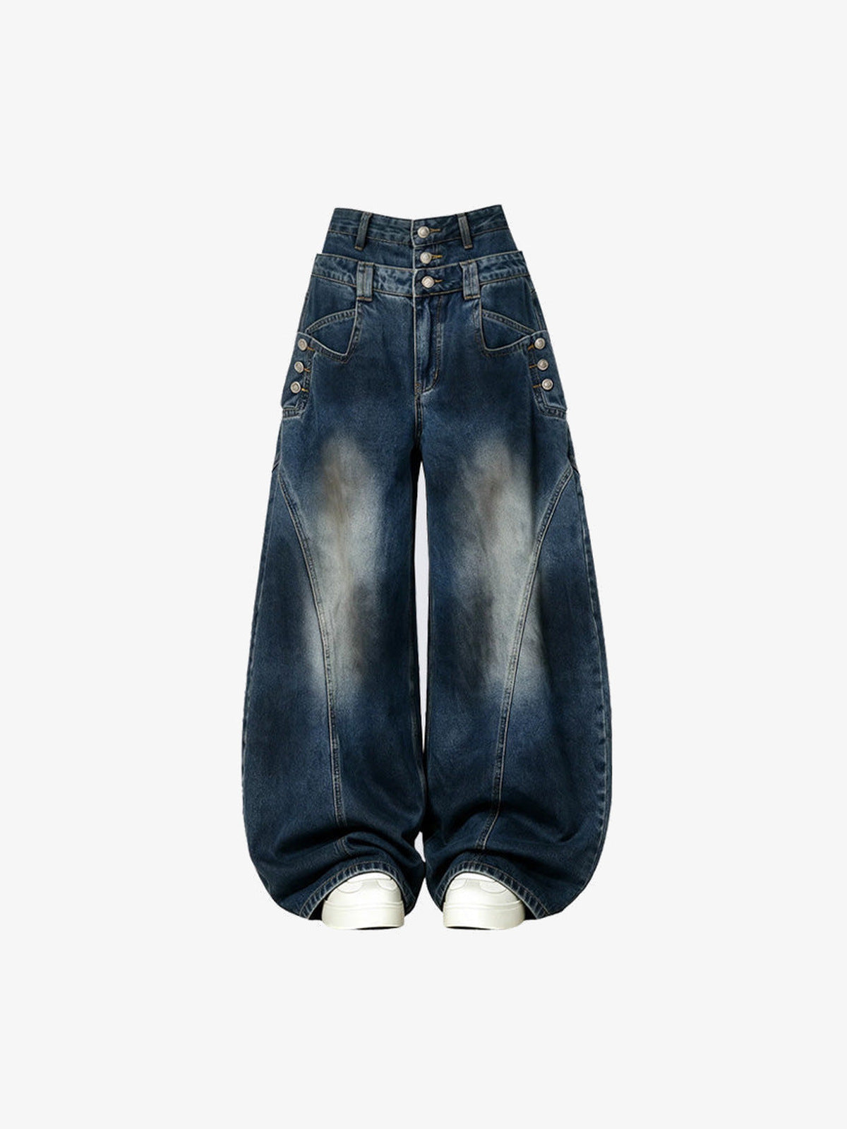 Barrel Jeans mit doppeltem Bund in Dunkelindigo – Dunkelindigo, Vorderseite flach | XoKool