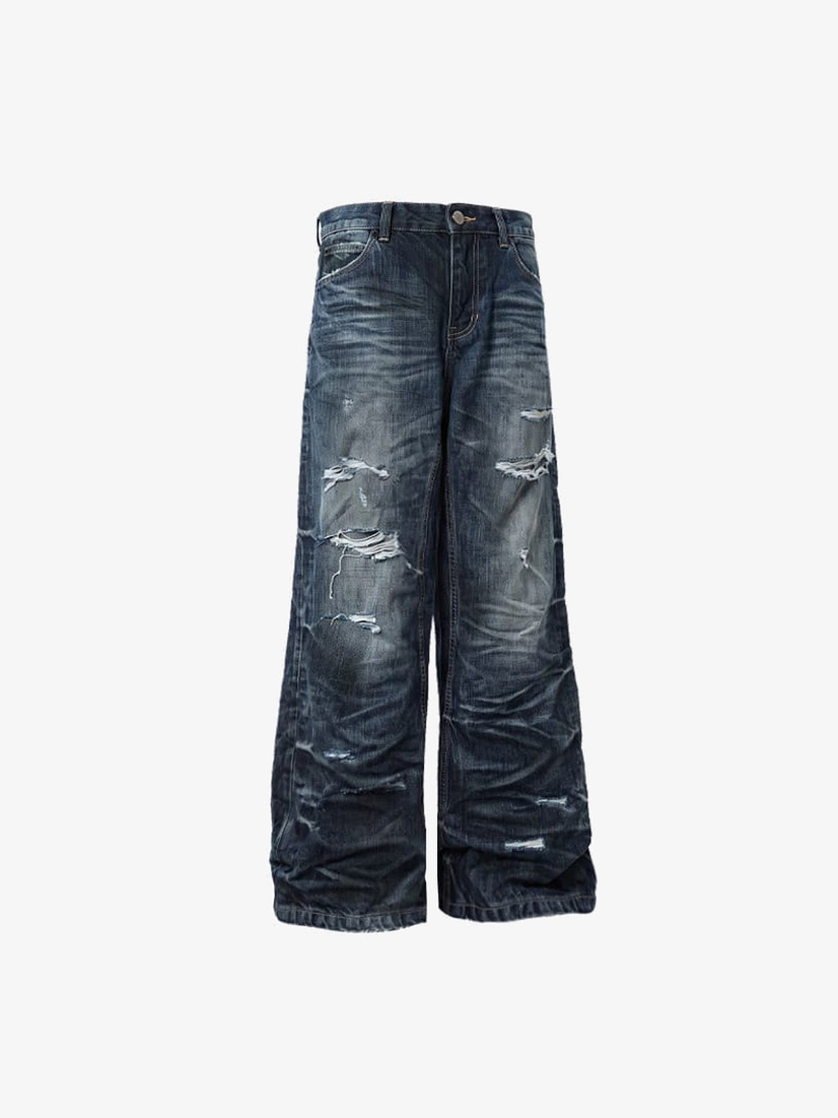 Jeans de pierna ancha desgastados vintage oscuro – vista frontal plana | XoKool