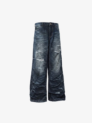 Jeans de pierna ancha desgastados vintage oscuro – vista frontal plana | XoKool