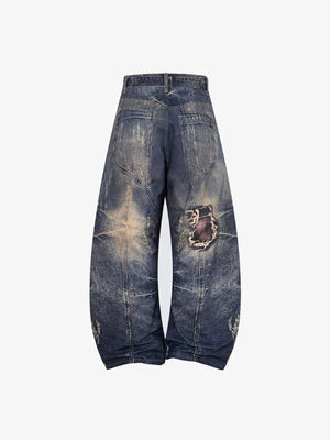 Barrel Jeans in dunkler Waschung mit reparierten Rissen – Rückseite flach | XoKool