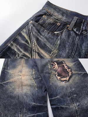 Barrel Jeans mit reparierten Rissen – Detail-Collage: Tasche, Knie-Patch | XoKool