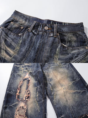 Barrel Jeans mit reparierten Rissen – Detail-Collage: Bund, reparierter Riss | XoKool