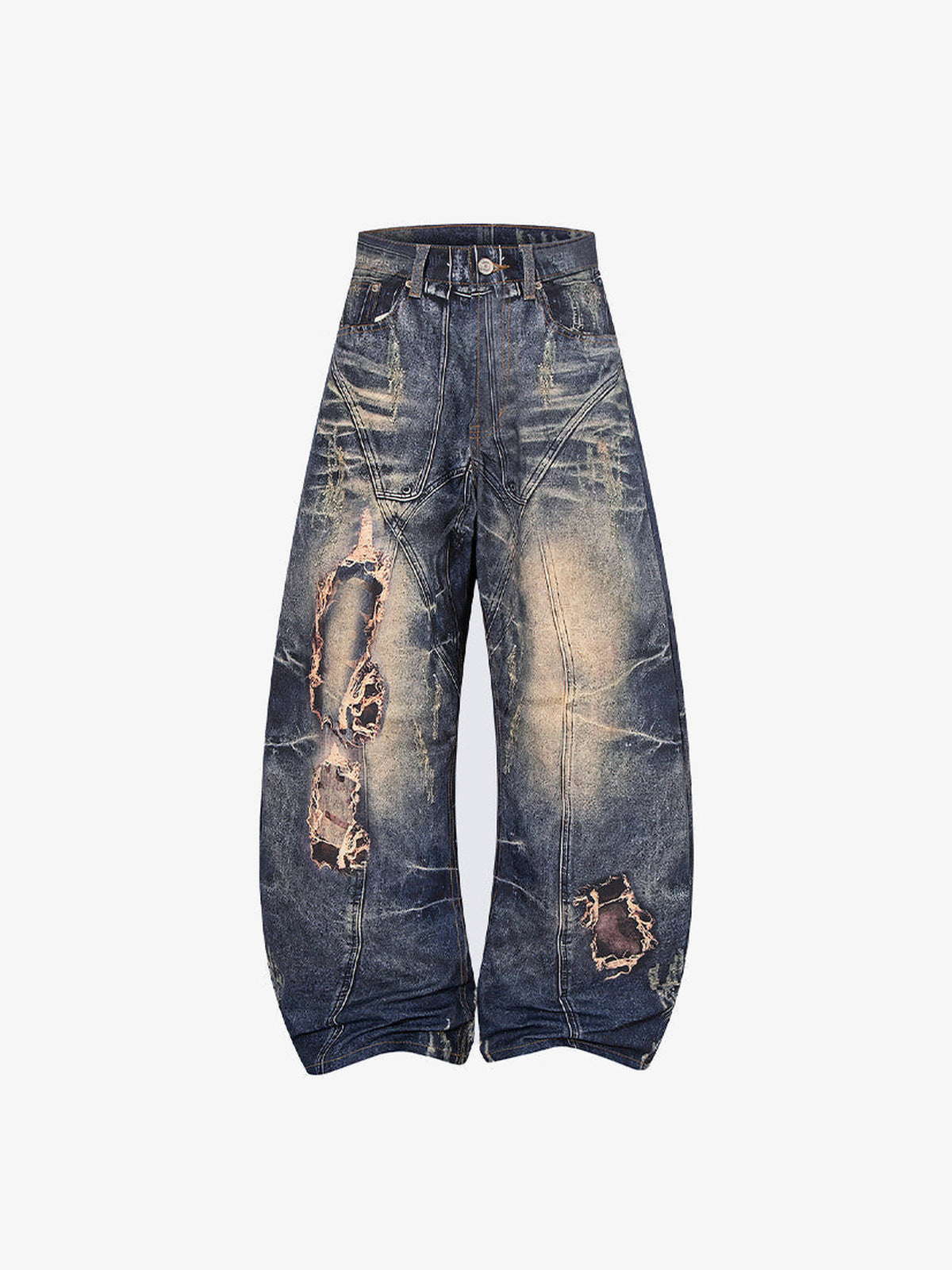 Barrel Jeans in dunkler Waschung mit reparierten Rissen – Vorderseite flach | XoKool