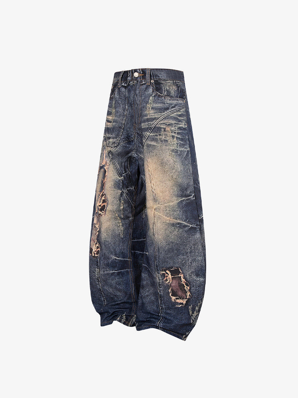 Barrel Jeans in dunkler Waschung mit reparierten Rissen – Seite flach | XoKool