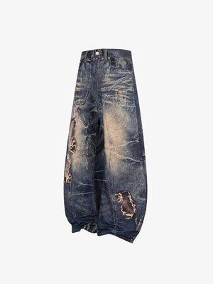 Barrel Jeans in dunkler Waschung mit reparierten Rissen – Seite flach | XoKool