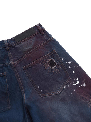 Dark Wash Barrel Jeans with Rips and Red Tint – back pocket with paint close-up | XoKool