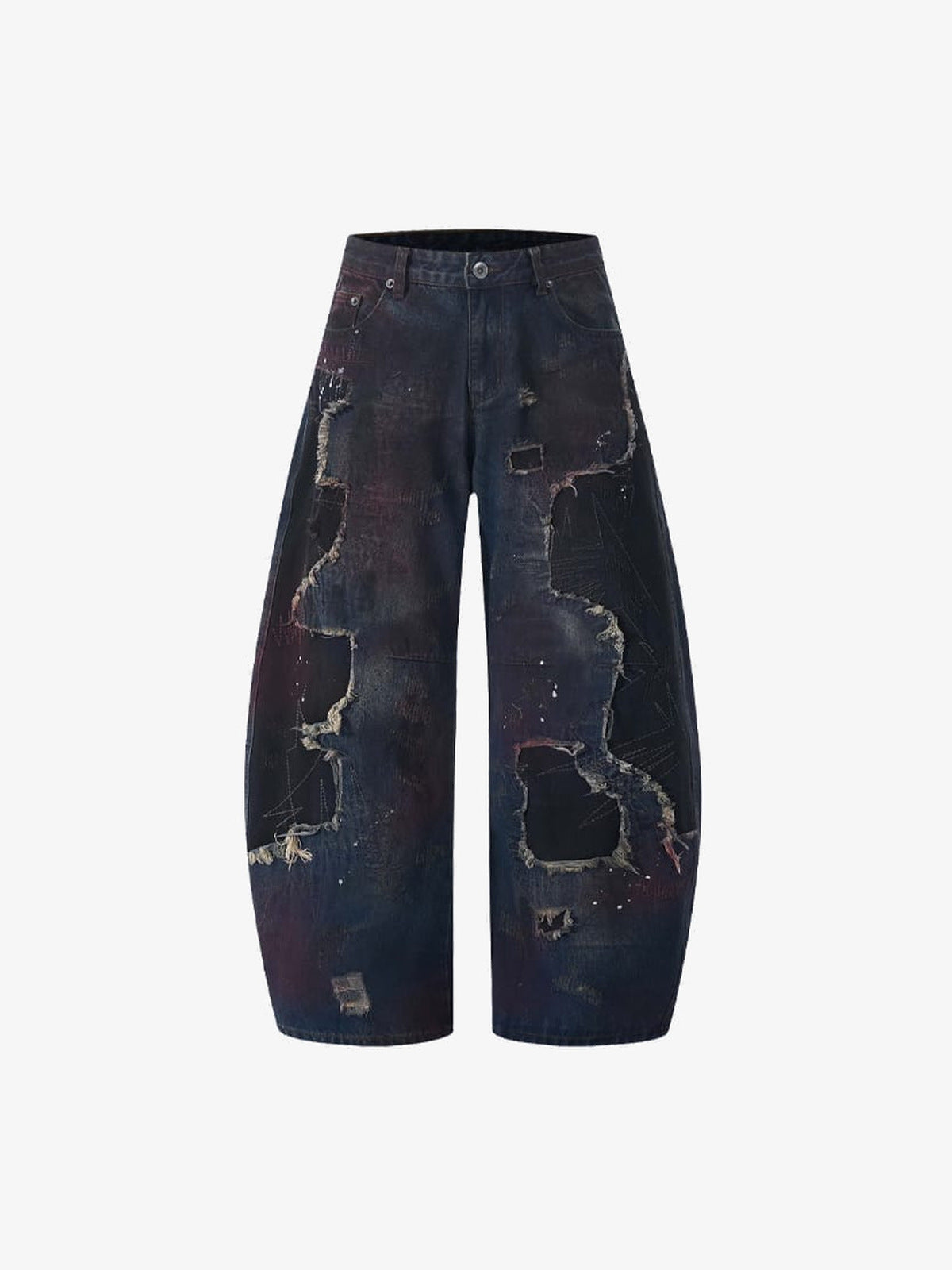 Dark Wash Barrel Jeans with Rips and Red Tint – front flat lay | XoKool