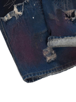 Dark Wash Barrel Jeans with Rips and Red Tint – hem and rip close-up | XoKool